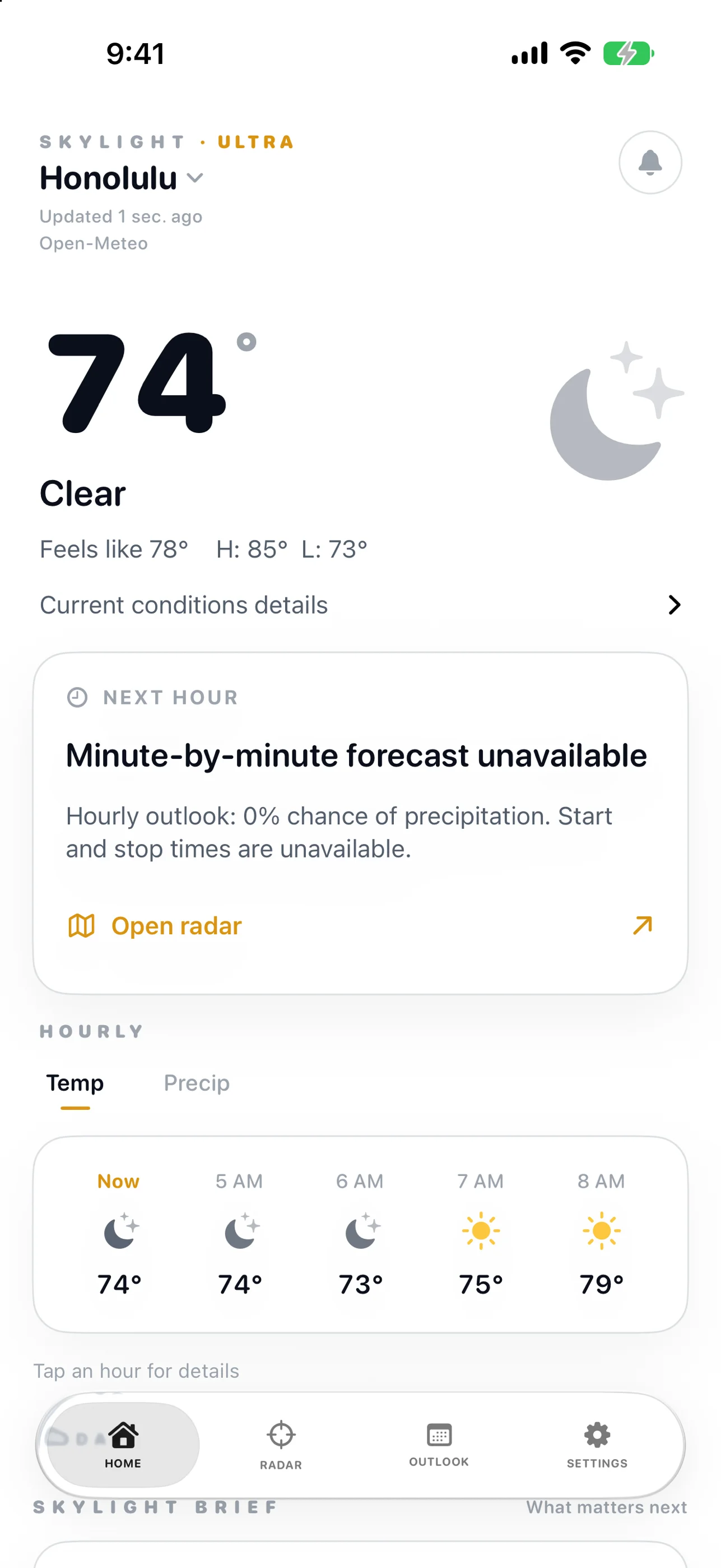 Skylight: Weather & Radar Home — today’s conditions