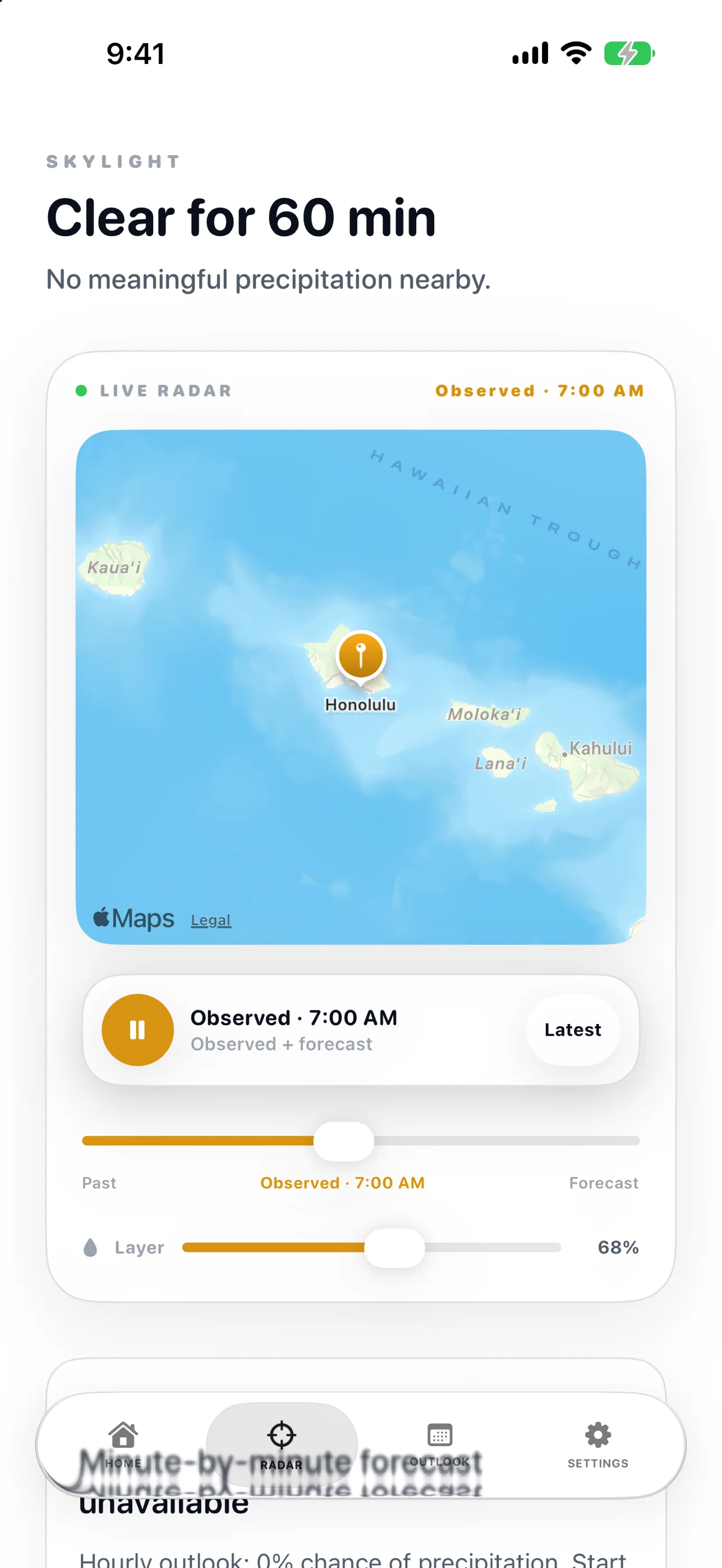Skylight: Weather & Radar Radar — precipitation over a live map