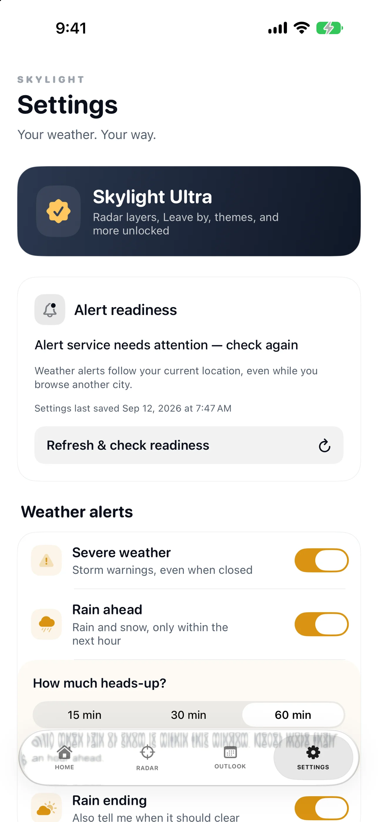 Skylight: Weather & Radar Settings — alerts and preferences