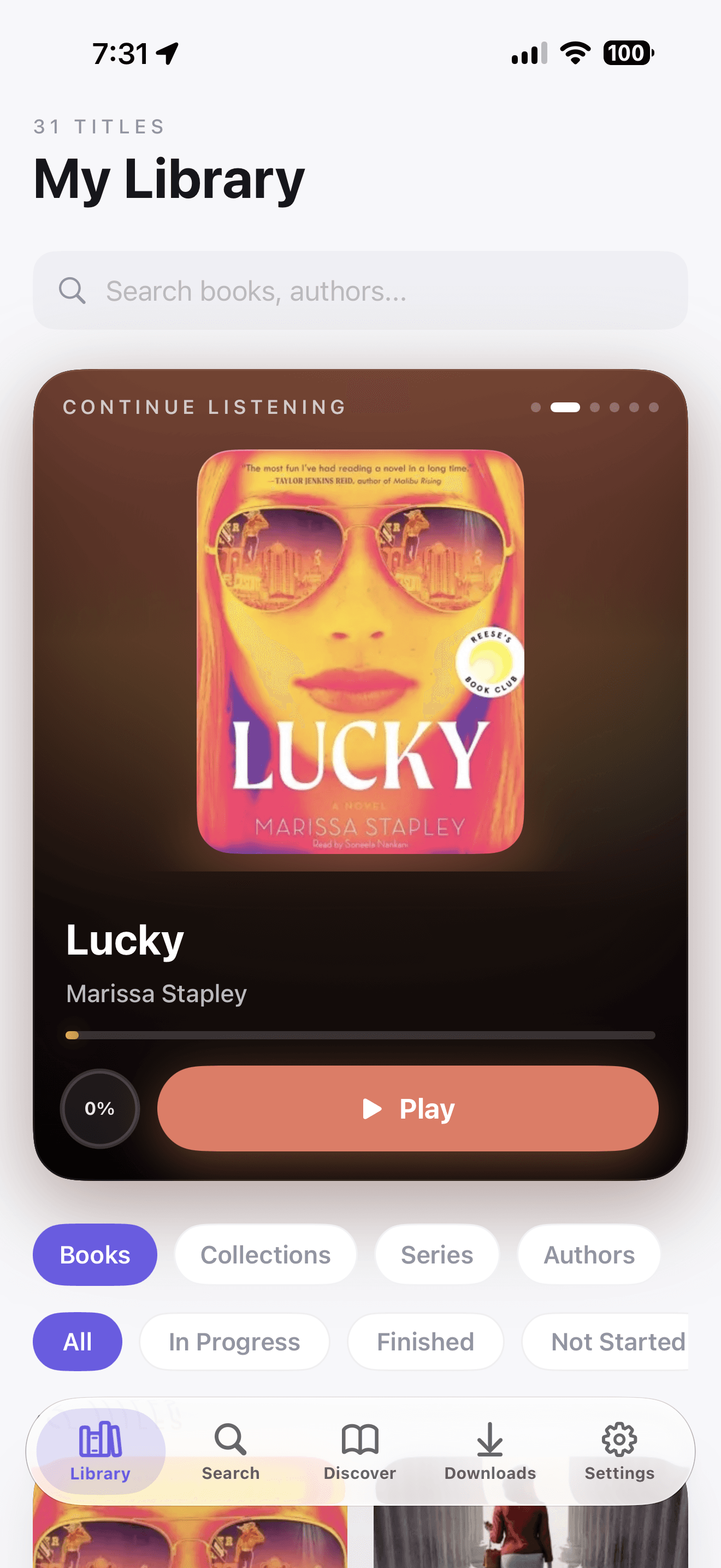 Aloud library screen showing continue listening